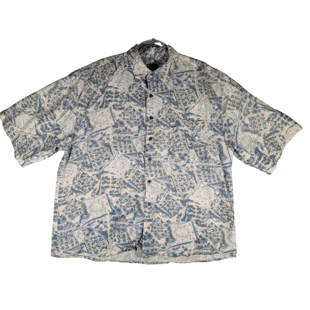Bruno B Mens XL Linen Cotton Blue Geometric Tile Print Short Sleeve Button Shirt
